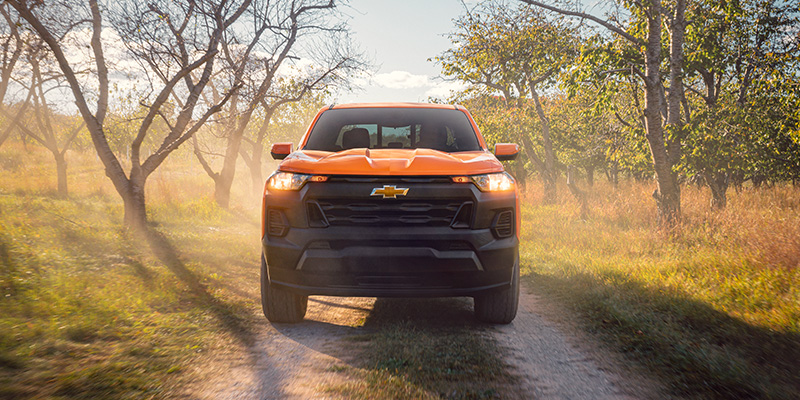 Orange Chevrolet pickup truck driving on a dirt road through a wooded landscape at sunset.